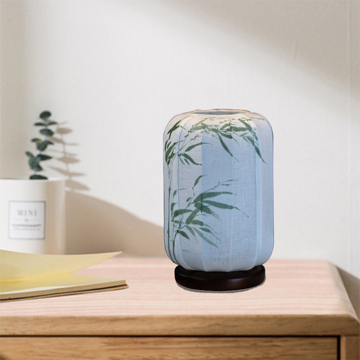 Lampe de table traditionnelle chinoise en bois, coton, chanvre, cylindre, peint à la main avec feuille de bambou 1-lumière pour chambre à coucher 