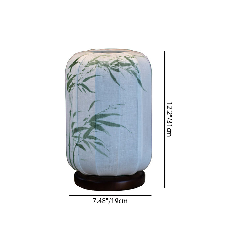 Lampe de table traditionnelle chinoise en bois, coton, chanvre, cylindre, peint à la main avec feuille de bambou 1-lumière pour chambre à coucher 