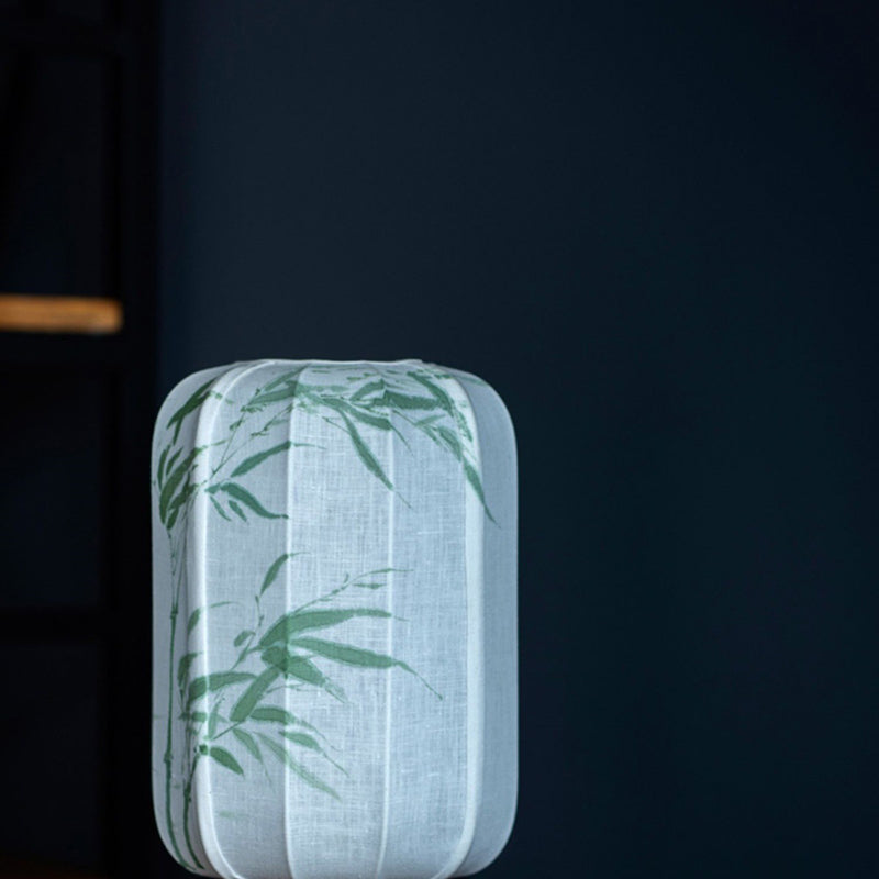 Lampe de table traditionnelle chinoise en bois, coton, chanvre, cylindre, peint à la main avec feuille de bambou 1-lumière pour chambre à coucher 