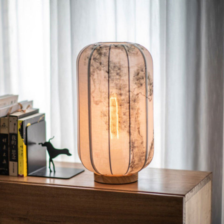 Lampe de table traditionnelle chinoise en bois, coton, chanvre, cylindre, peint à la main avec feuille de bambou 1-lumière pour chambre à coucher 
