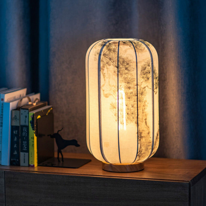 Lampe de table traditionnelle chinoise en bois, coton, chanvre, cylindre, peint à la main avec feuille de bambou 1-lumière pour chambre à coucher 