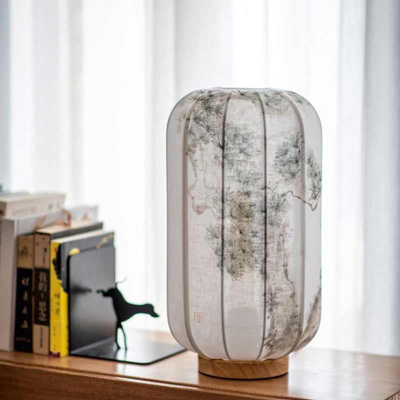 Lampe de table traditionnelle chinoise en bois, coton, chanvre, cylindre, peint à la main avec feuille de bambou 1-lumière pour chambre à coucher 