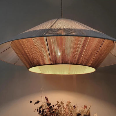 Traditional Japanese Hollowed-Out Hat Shaped Woven Hemp Rope Iron 1-Light Pendant Light For Living Room