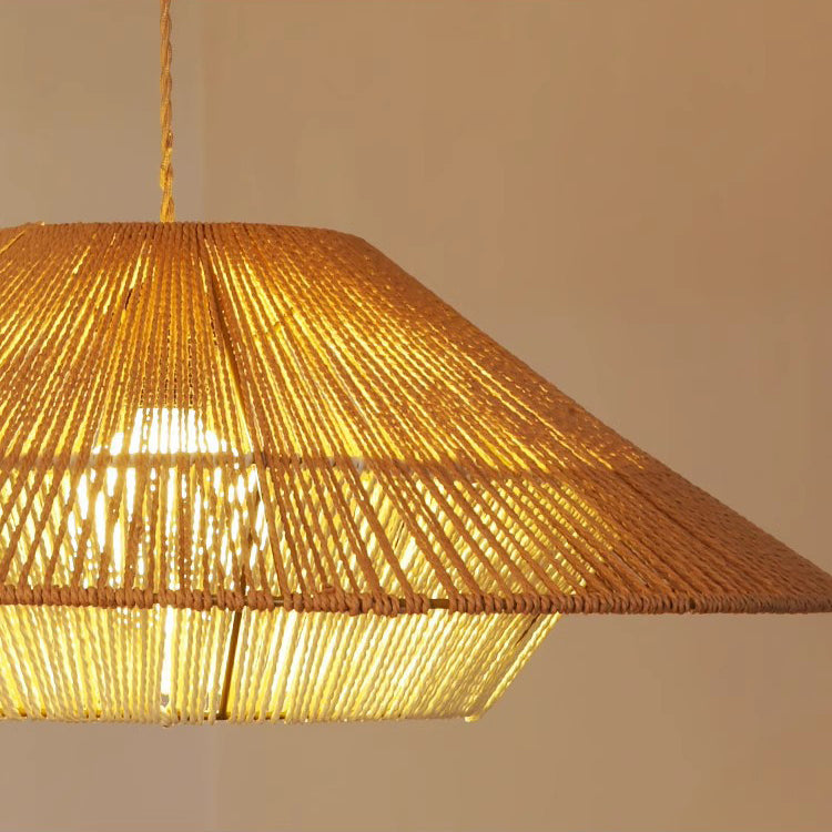 Traditional Japanese Hollowed-Out Hat Shaped Woven Hemp Rope Iron 1-Light Pendant Light For Living Room