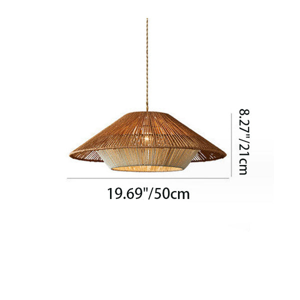 Traditional Japanese Hollowed-Out Hat Shaped Woven Hemp Rope Iron 1-Light Pendant Light For Living Room