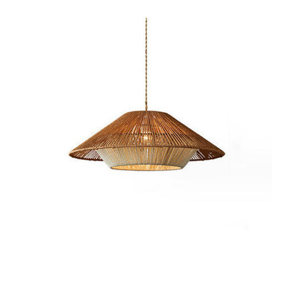 Traditional Japanese Hollowed-Out Hat Shaped Woven Hemp Rope Iron 1-Light Pendant Light For Living Room