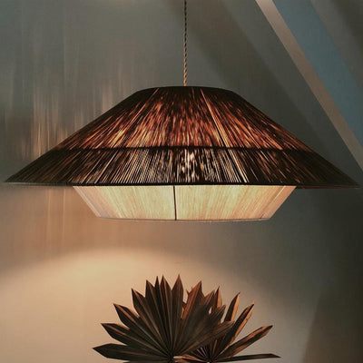 Traditional Japanese Hollowed-Out Hat Shaped Woven Hemp Rope Iron 1-Light Pendant Light For Living Room