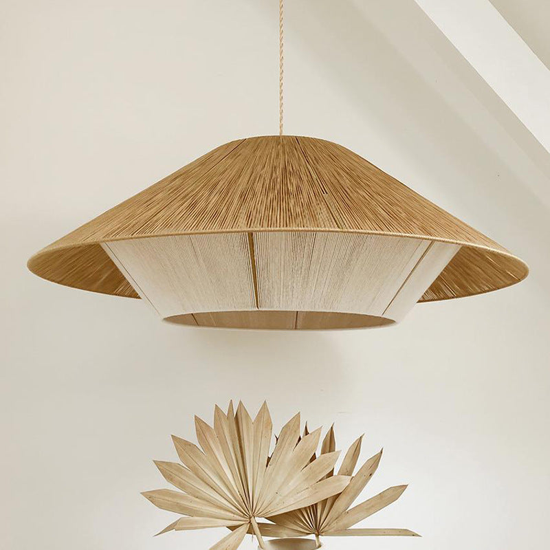 Traditional Japanese Hollowed-Out Hat Shaped Woven Hemp Rope Iron 1-Light Pendant Light For Living Room