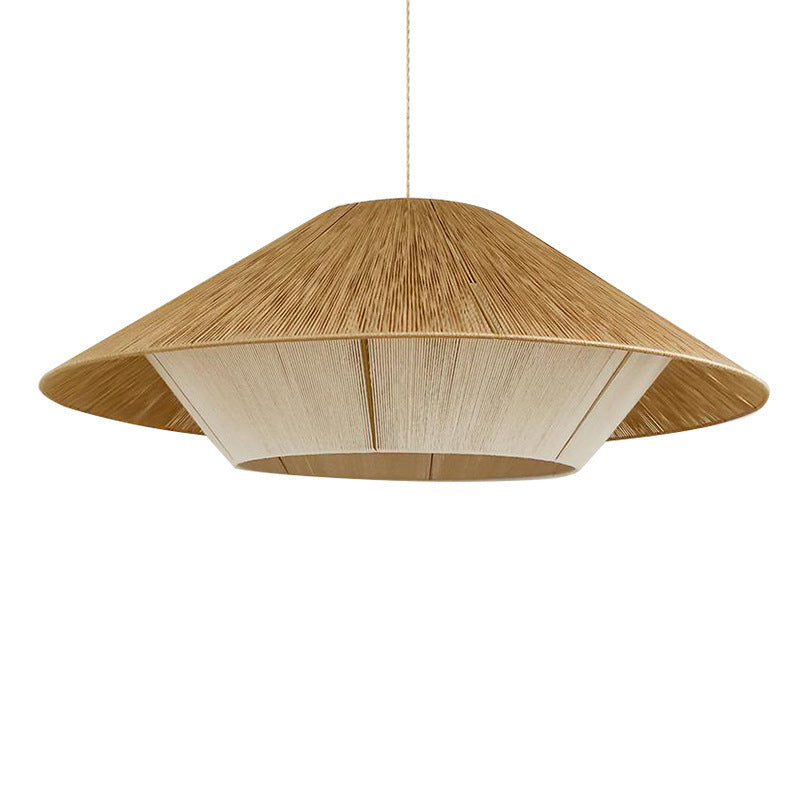 Traditional Japanese Hollowed-Out Hat Shaped Woven Hemp Rope Iron 1-Light Pendant Light For Living Room