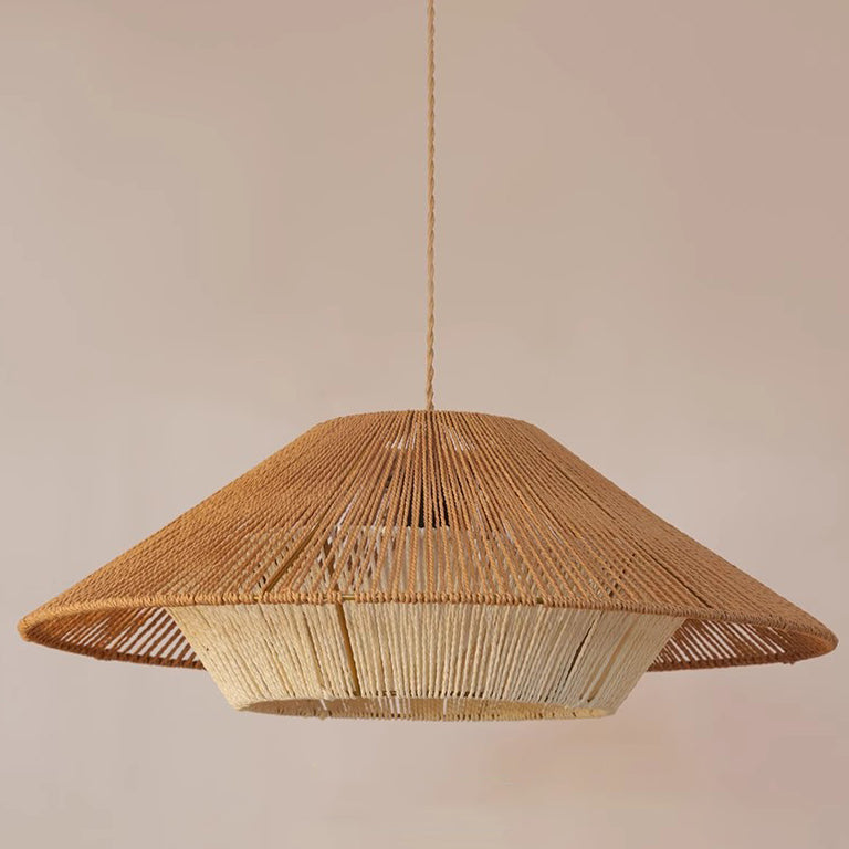 Traditional Japanese Hollowed-Out Hat Shaped Woven Hemp Rope Iron 1-Light Pendant Light For Living Room