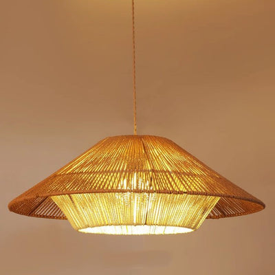 Traditional Japanese Hollowed-Out Hat Shaped Woven Hemp Rope Iron 1-Light Pendant Light For Living Room