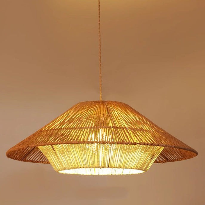 Traditional Japanese Hollowed-Out Hat Shaped Woven Hemp Rope Iron 1-Light Pendant Light For Living Room