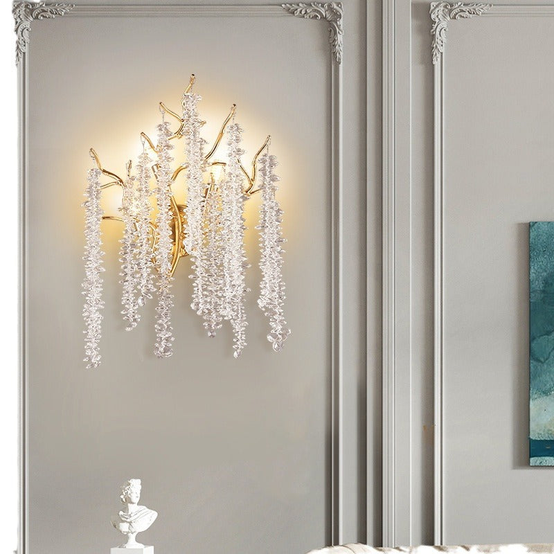 Contemporary Luxury Tree Branches Tassel Crystal Aluminum 3-Light Wall Sconce Lamp For Living Room