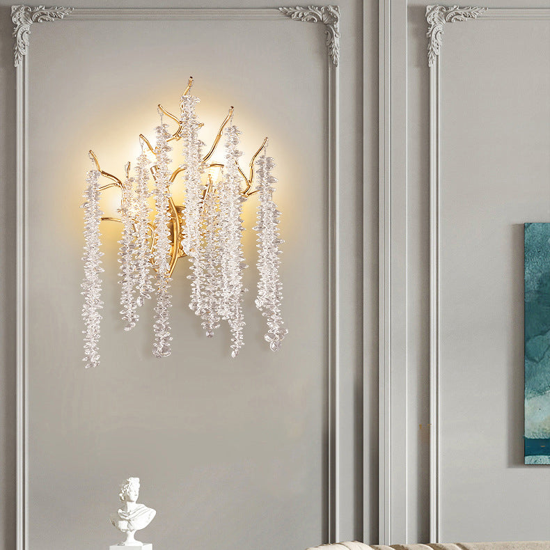 Contemporary Luxury Tree Branches Tassel Crystal Aluminum 3-Light Wall Sconce Lamp For Living Room