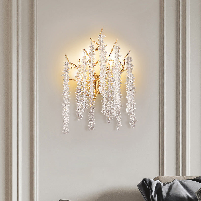 Contemporary Luxury Tree Branches Tassel Crystal Aluminum 3-Light Wall Sconce Lamp For Living Room