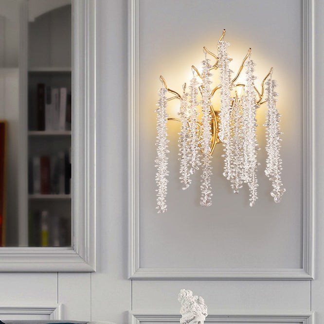Zeitgenössische Luxus-Baumzweige Quaste Kristall Aluminium 3-Licht Wandleuchte für Wohnzimmer 