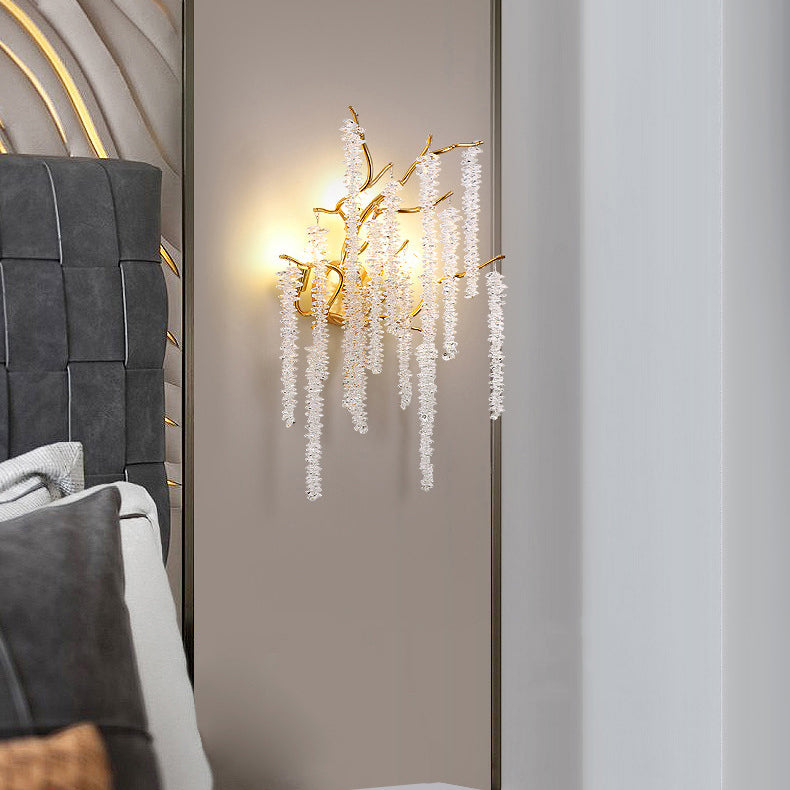 Contemporary Luxury Tree Branches Tassel Crystal Aluminum 3-Light Wall Sconce Lamp For Living Room