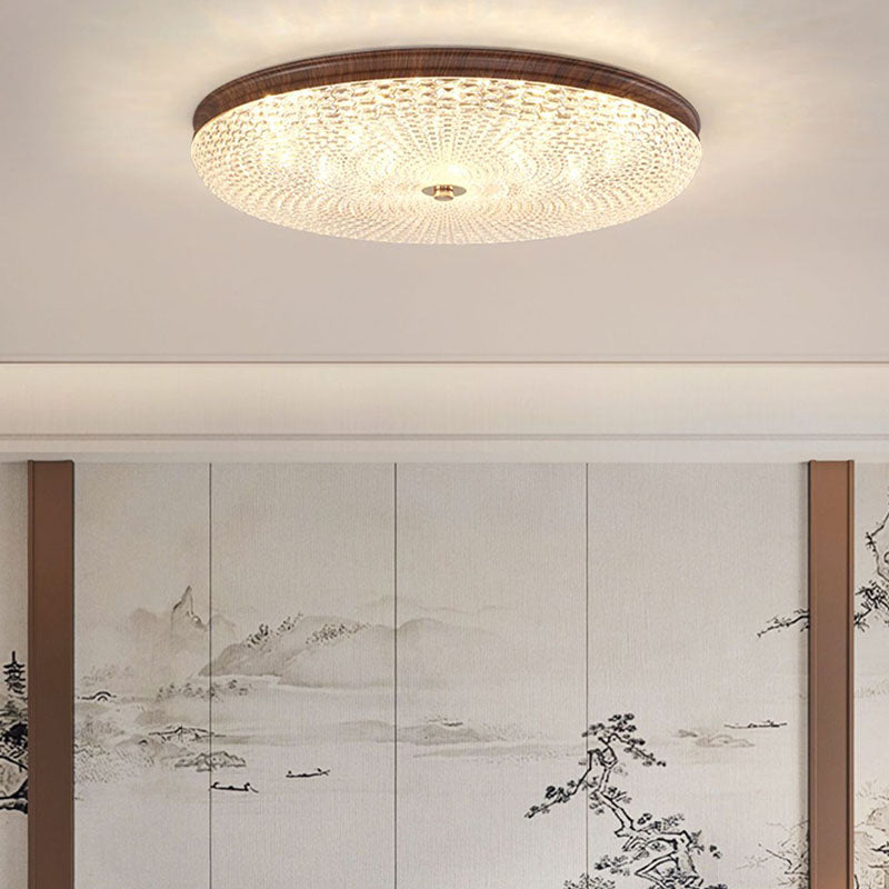 Plafonnier LED rond en acrylique fer traditionnel chinois à grain de bois pour salon 
