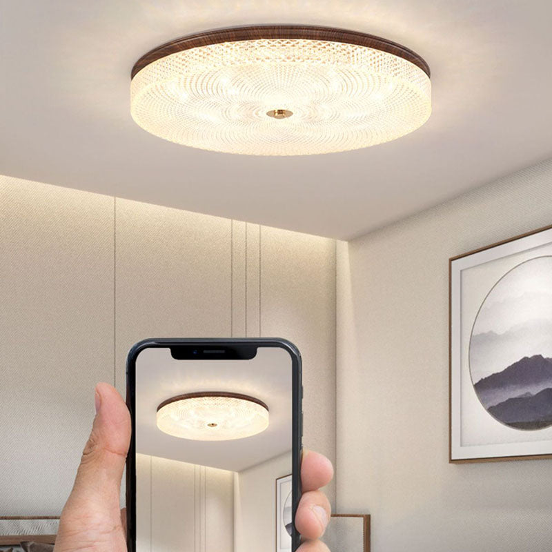 Plafonnier LED rond en acrylique fer traditionnel chinois à grain de bois pour salon 