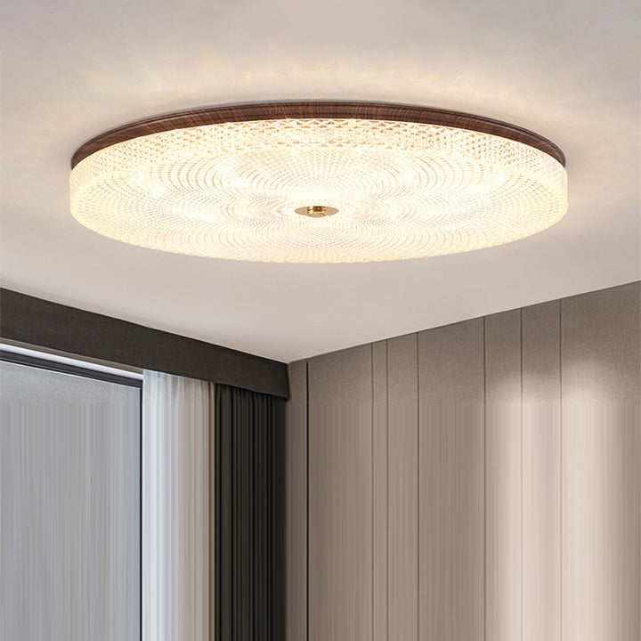 Plafonnier LED rond en acrylique fer traditionnel chinois à grain de bois pour salon 