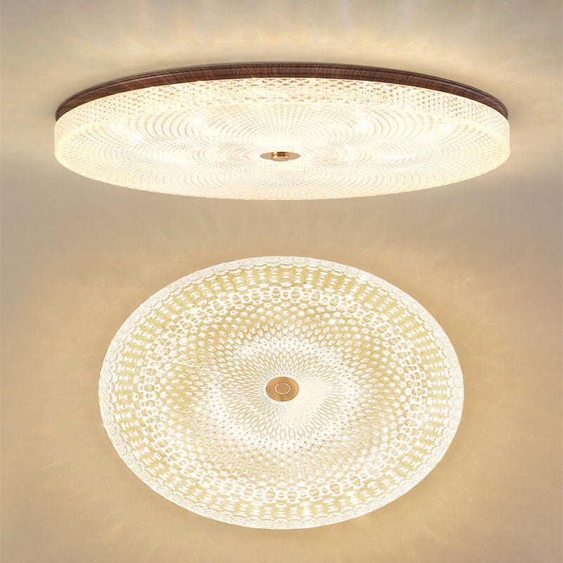 Plafonnier LED rond en acrylique fer traditionnel chinois à grain de bois pour salon 