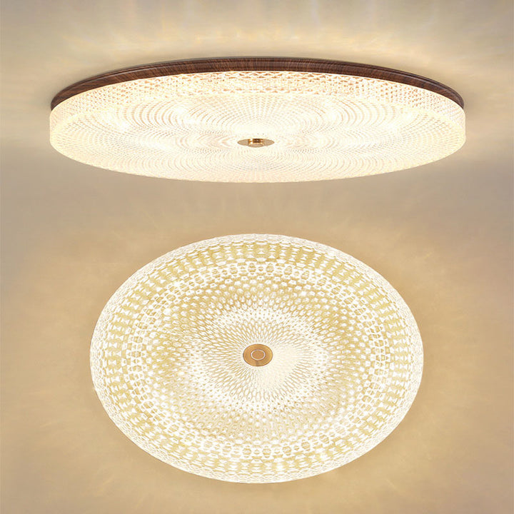 Plafonnier LED rond en acrylique fer traditionnel chinois à grain de bois pour salon 
