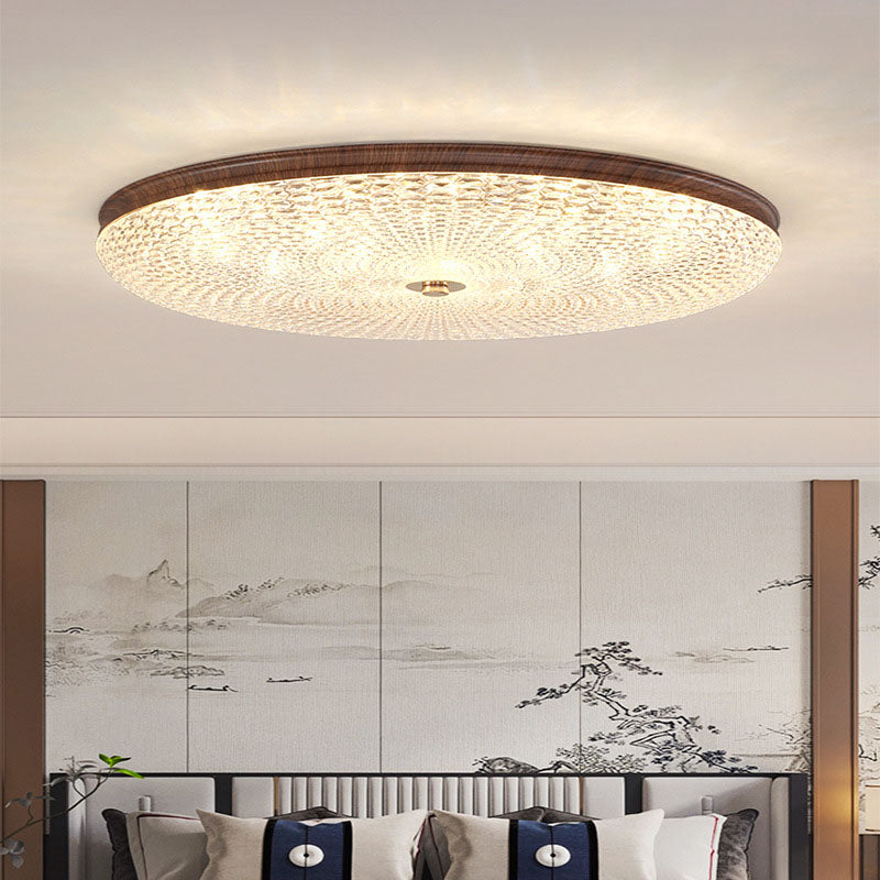 Plafonnier LED rond en acrylique fer traditionnel chinois à grain de bois pour salon 