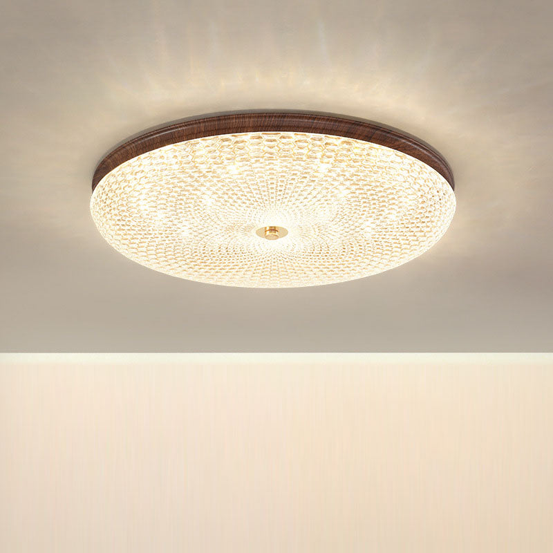 Plafonnier LED rond en acrylique fer traditionnel chinois à grain de bois pour salon 
