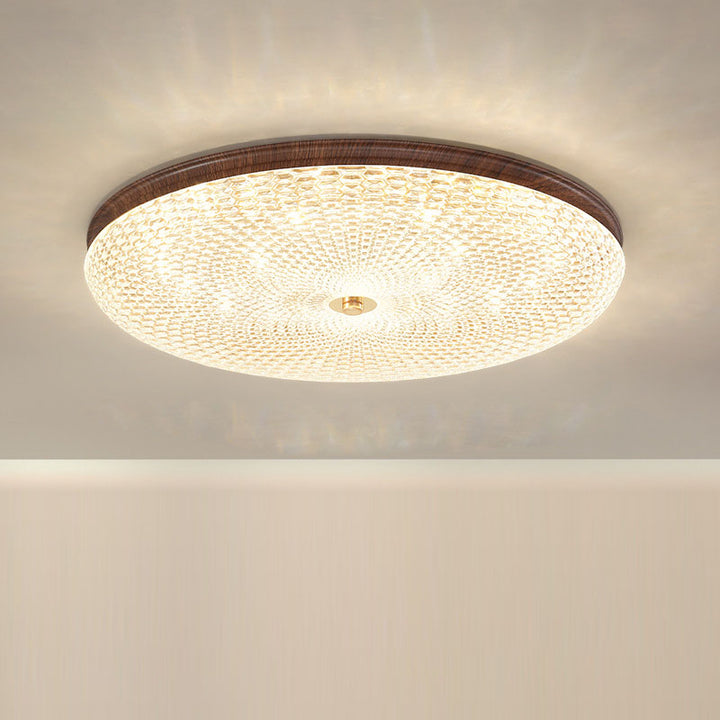 Plafonnier LED rond en acrylique fer traditionnel chinois à grain de bois pour salon 