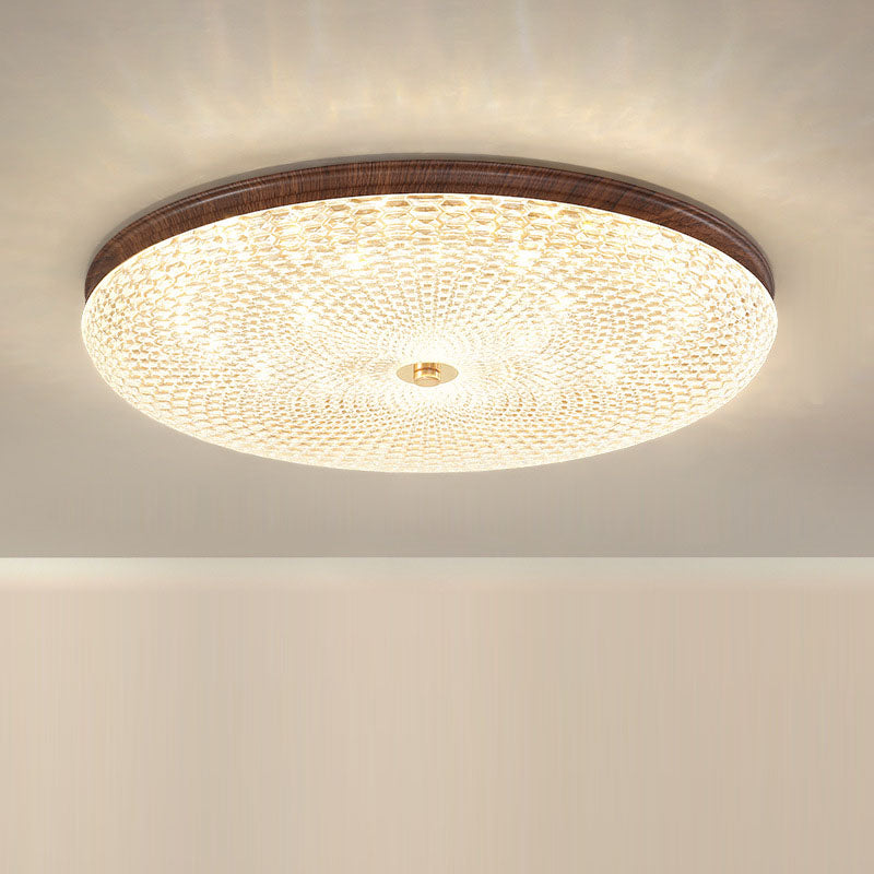 Plafonnier LED rond en acrylique fer traditionnel chinois à grain de bois pour salon 