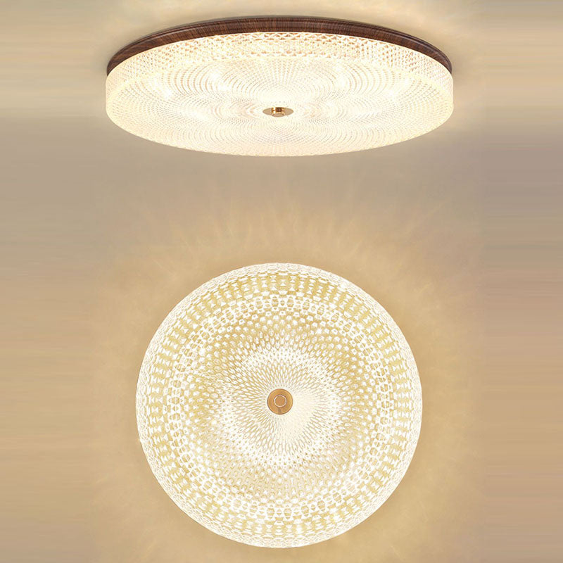 Plafonnier LED rond en acrylique fer traditionnel chinois à grain de bois pour salon 