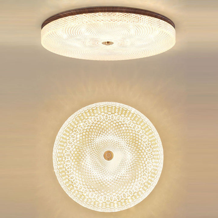 Plafonnier LED rond en acrylique fer traditionnel chinois à grain de bois pour salon 