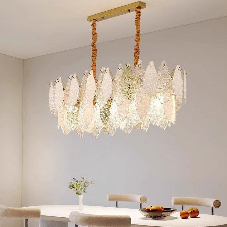 Lustres Modernes en Fer de Luxe avec Verre Givré et Feuilles de Branche 6/8/9/12/15 Lumières pour Salon 