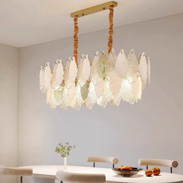 Lustres Modernes en Fer de Luxe avec Verre Givré et Feuilles de Branche 6/8/9/12/15 Lumières pour Salon 
