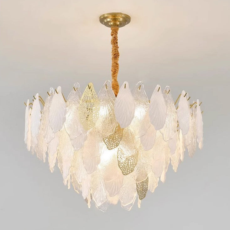 Lustres Modernes en Fer de Luxe avec Verre Givré et Feuilles de Branche 6/8/9/12/15 Lumières pour Salon 