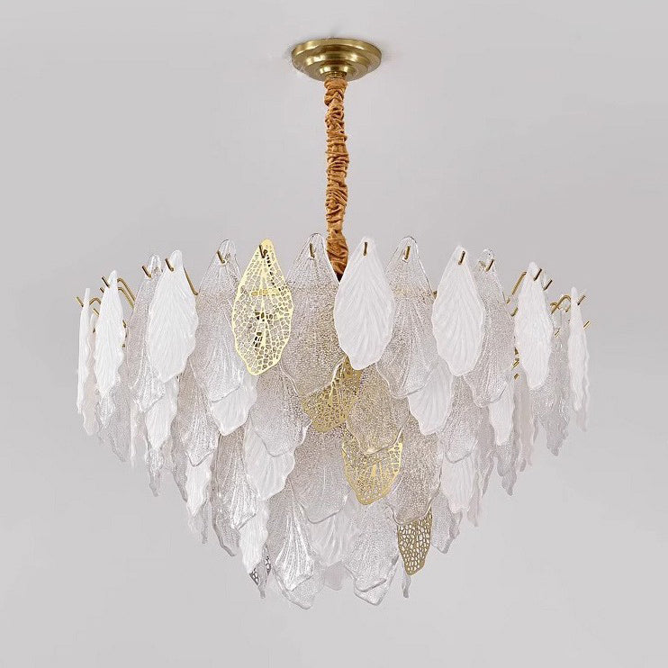 Lustres Modernes en Fer de Luxe avec Verre Givré et Feuilles de Branche 6/8/9/12/15 Lumières pour Salon 