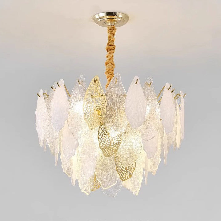 Lustres Modernes en Fer de Luxe avec Verre Givré et Feuilles de Branche 6/8/9/12/15 Lumières pour Salon 