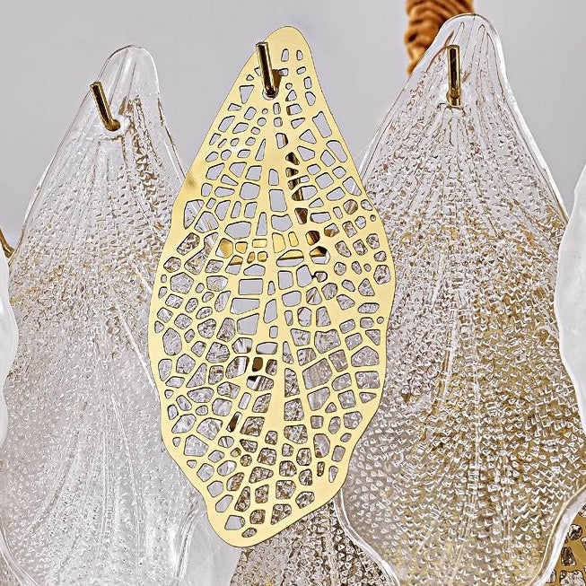 Lustres Modernes en Fer de Luxe avec Verre Givré et Feuilles de Branche 6/8/9/12/15 Lumières pour Salon 