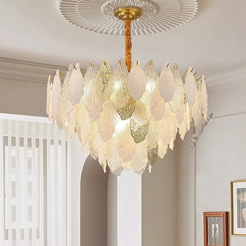 Lustres Modernes en Fer de Luxe avec Verre Givré et Feuilles de Branche 6/8/9/12/15 Lumières pour Salon 