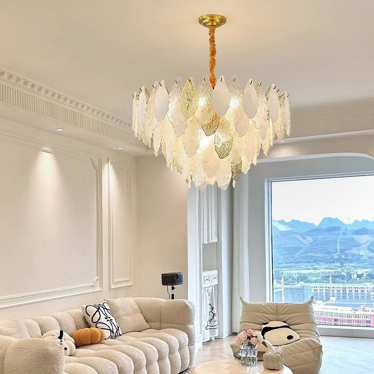 Lustres Modernes en Fer de Luxe avec Verre Givré et Feuilles de Branche 6/8/9/12/15 Lumières pour Salon 