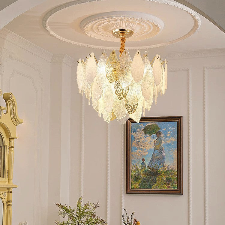 Lustres Modernes en Fer de Luxe avec Verre Givré et Feuilles de Branche 6/8/9/12/15 Lumières pour Salon 