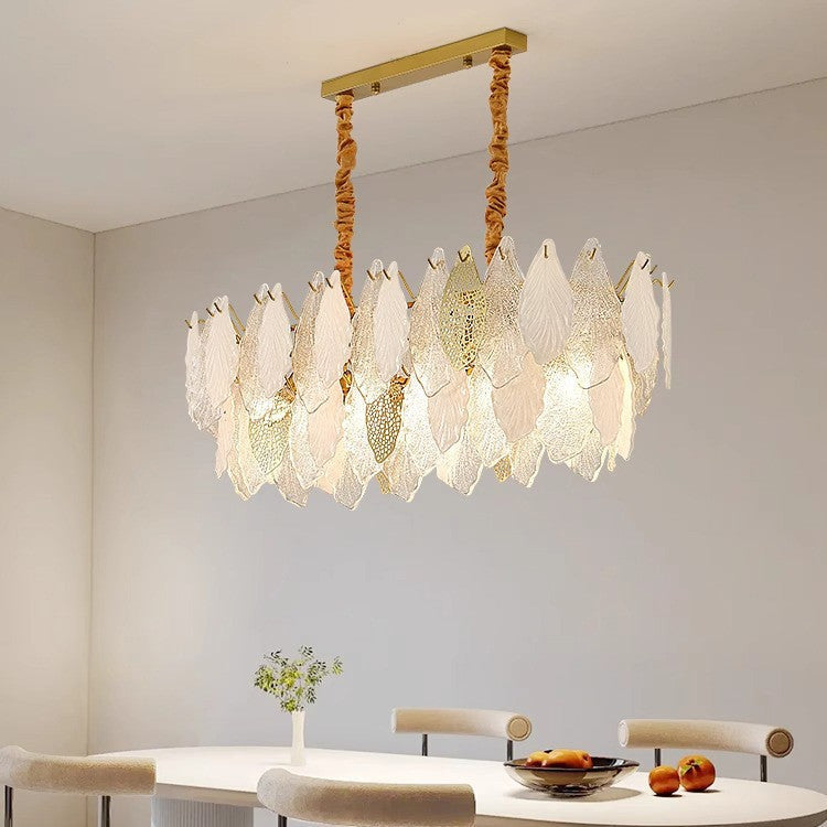 Lustres Modernes en Fer de Luxe avec Verre Givré et Feuilles de Branche 6/8/9/12/15 Lumières pour Salon 