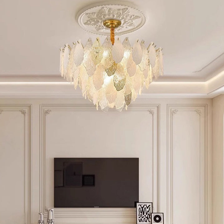 Lustres Modernes en Fer de Luxe avec Verre Givré et Feuilles de Branche 6/8/9/12/15 Lumières pour Salon 