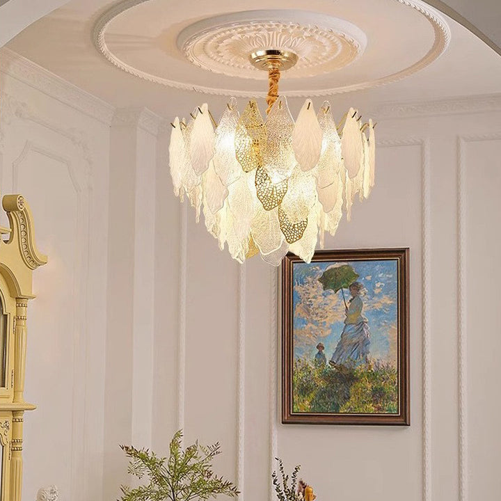 Lustres Modernes en Fer de Luxe avec Verre Givré et Feuilles de Branche 6/8/9/12/15 Lumières pour Salon 