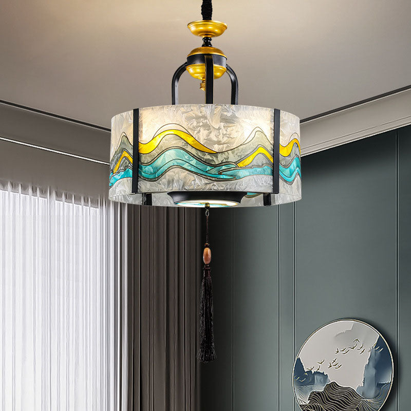 Traditional Chinese Enamel Cylinder Shade Tassel Iron Acrylic 4-Light Chandeliers For Dining Room