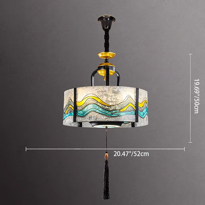 Traditional Chinese Enamel Cylinder Shade Tassel Iron Acrylic 4-Light Chandeliers For Dining Room