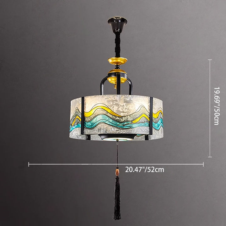 Traditional Chinese Enamel Cylinder Shade Tassel Iron Acrylic 4-Light Chandeliers For Dining Room
