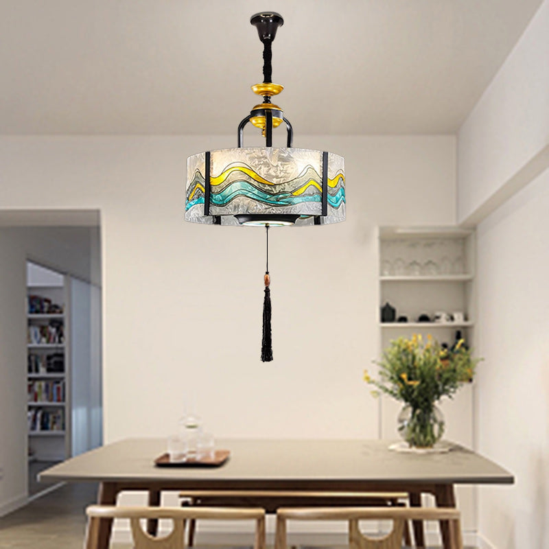 Traditional Chinese Enamel Cylinder Shade Tassel Iron Acrylic 4-Light Chandeliers For Dining Room