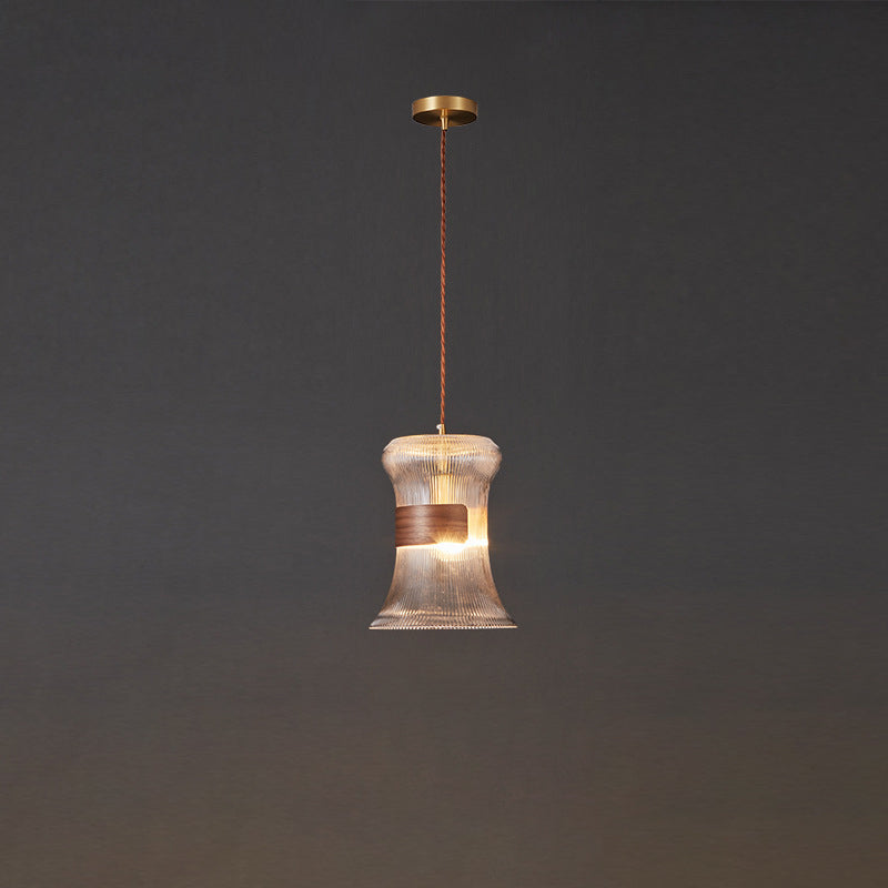 Forme de tasse rétro contemporaine en verre cannelé en laiton bois 1 - Suspension lumineuse pour le salon 