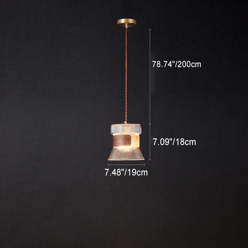 Forme de tasse rétro contemporaine en verre cannelé en laiton bois 1 - Suspension lumineuse pour le salon 